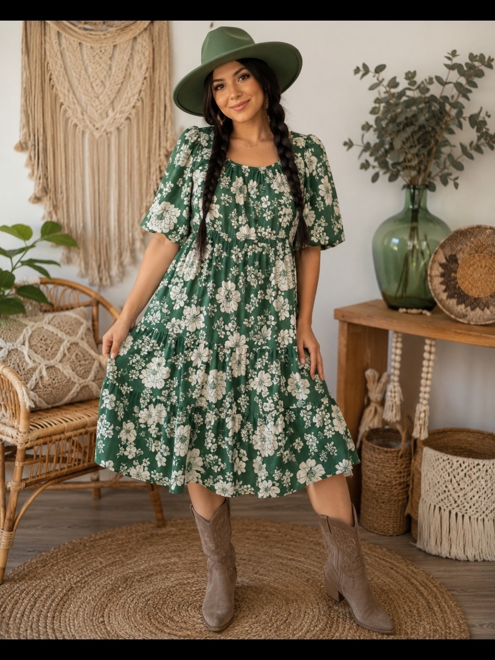 Polagram Green Floral Tiered Midi Dress